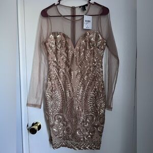 Forever 21 Tan/ Cream Long Sleeve Bodycon Dress with mesh arms and back